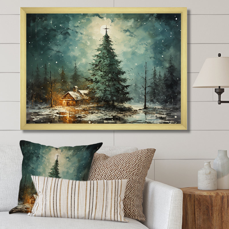 Minimalisme, arbre de Noël forêt I - pin, art mural pour salon, Cadre d'angle fermé doré, H 30 po x l 40 po x P 1,5 po