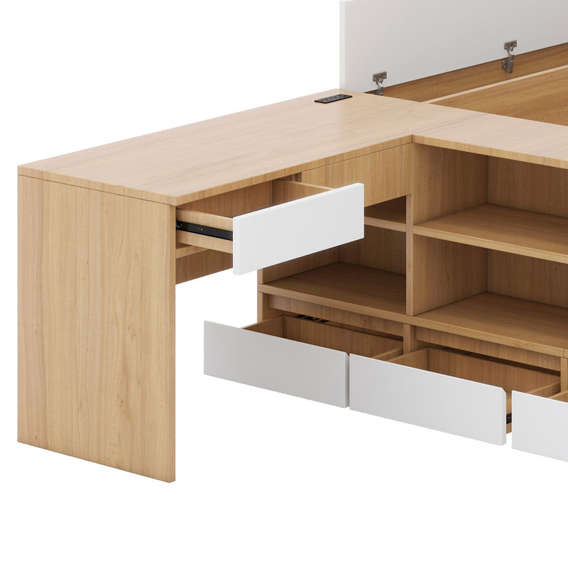 Platform Bed with Integrated Storage Drawers, Shelving, Desk, and Wardrobe, Natural