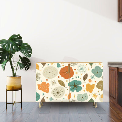 Vintage Mid Century Modern Sideboard Buffet Cabinet with Storage Retro Floral Geometric Earth Tones with 2 Doors for Living Room and Kitchen