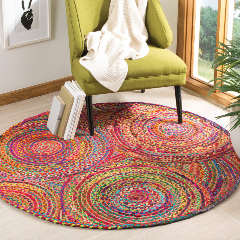 Herzig Geometric Handmade Flatweave Jut/Sisal/Cotton Red/Multi Area Rug Area Rug, Round 5'