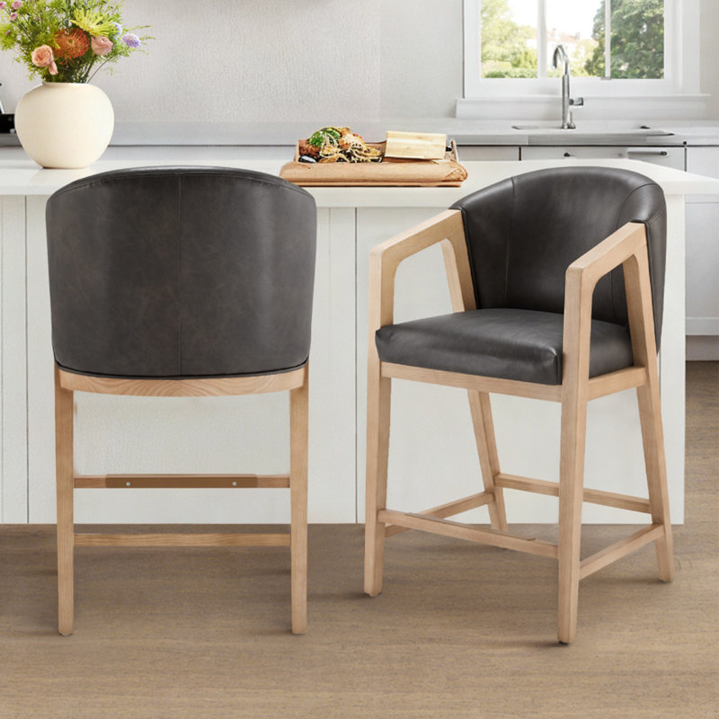 Daina Faux Leather Counter Stools With Exposed Wood (Set Of 2), Copley Bison