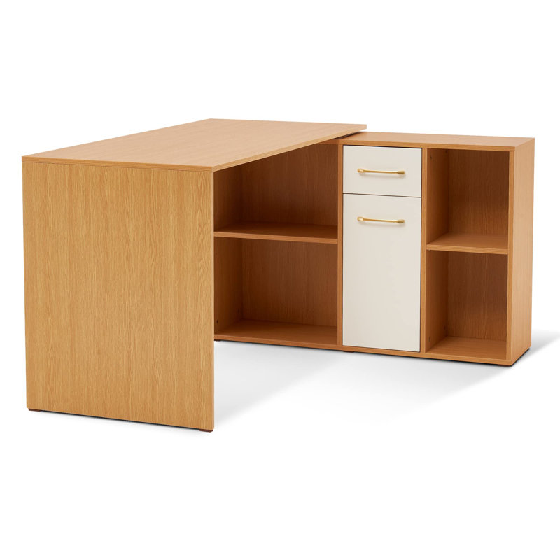 Eujin 53'' W L Shaped  Convertible Desk with Storage Drawer Printer Shelves and File Cabinet, Oak