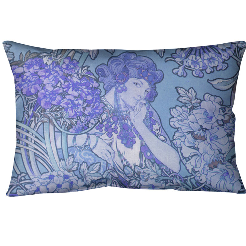 Coussin lombaire à fleurs alphonse mucha, Bleu, Simili suède