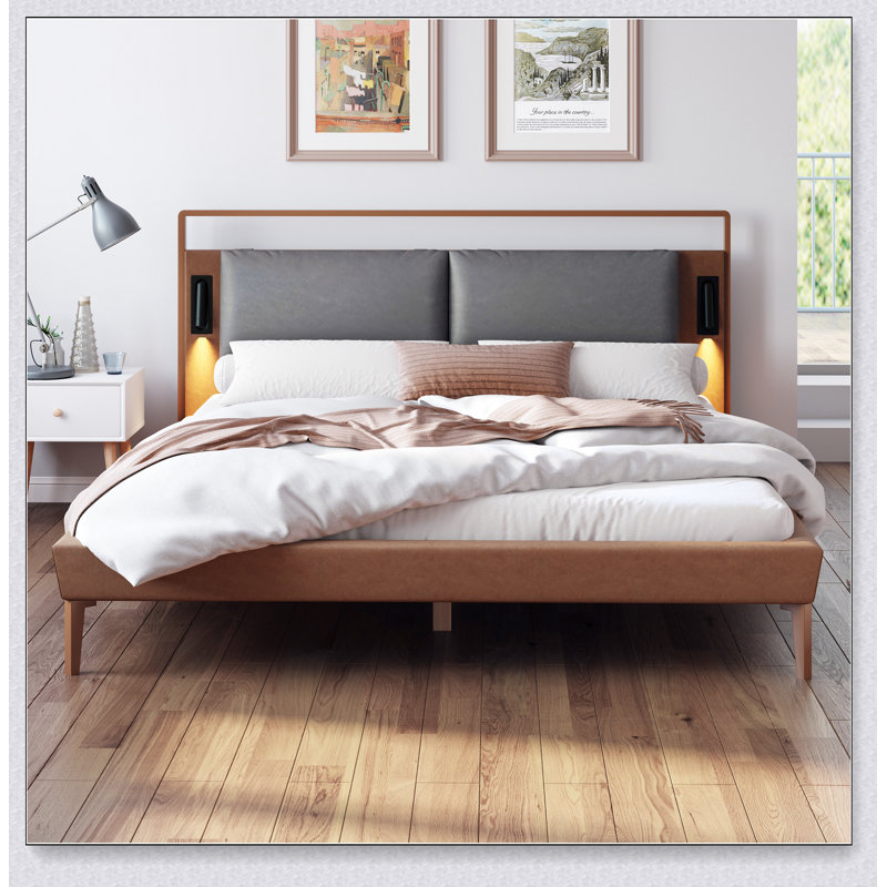 Brown&Gray Leather Bed With 2Pcs Night Lights, Full