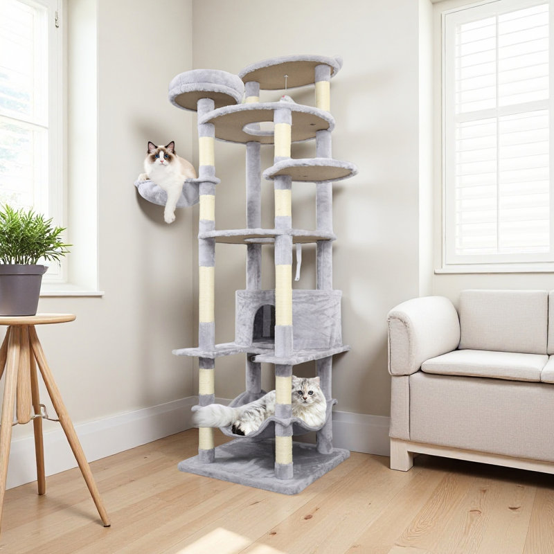 Arbre à chat gris Cy13 - Support avec lattes et base élargie, poteaux couverts pour l'entretien des griffes, 3 condos spacieux pour faire la sieste, 2 perchoirs de repos, boules de jeu Jinging, assemblage rapide et facile, base 4 chats