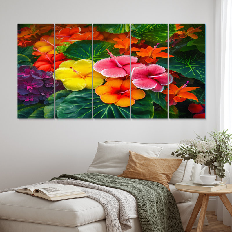 Vibrantly Happy Blossoming Tropical Flowers I - Décoration murale fleurs - 5 panneaux égaux