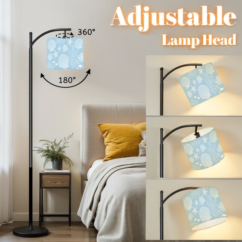Arc Floor Lamp with Adjustable Lampshade Seashell Starfish Coastal White Line Art Soft Blue Wooden Standing Lamp 3 Color Temperatures Dimmable Tall Pole Lamp with Foot Switch for Bedroom