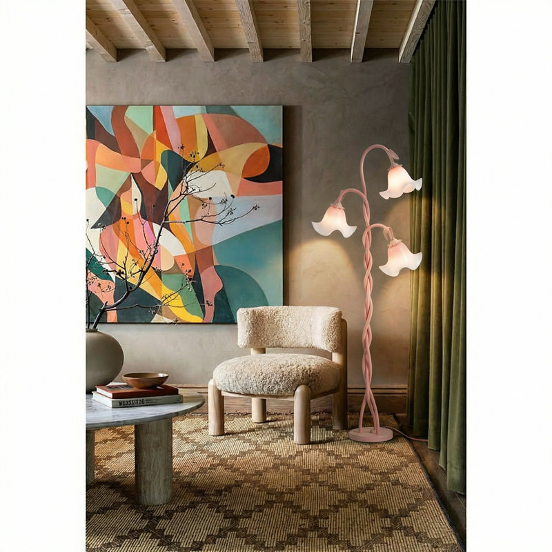 Floor Lamp, 65.55'' Lotus Lamp for Bedroom with Flexible Gooseneck 3 Light Pink Floor Reading Lamp Bulbs Included