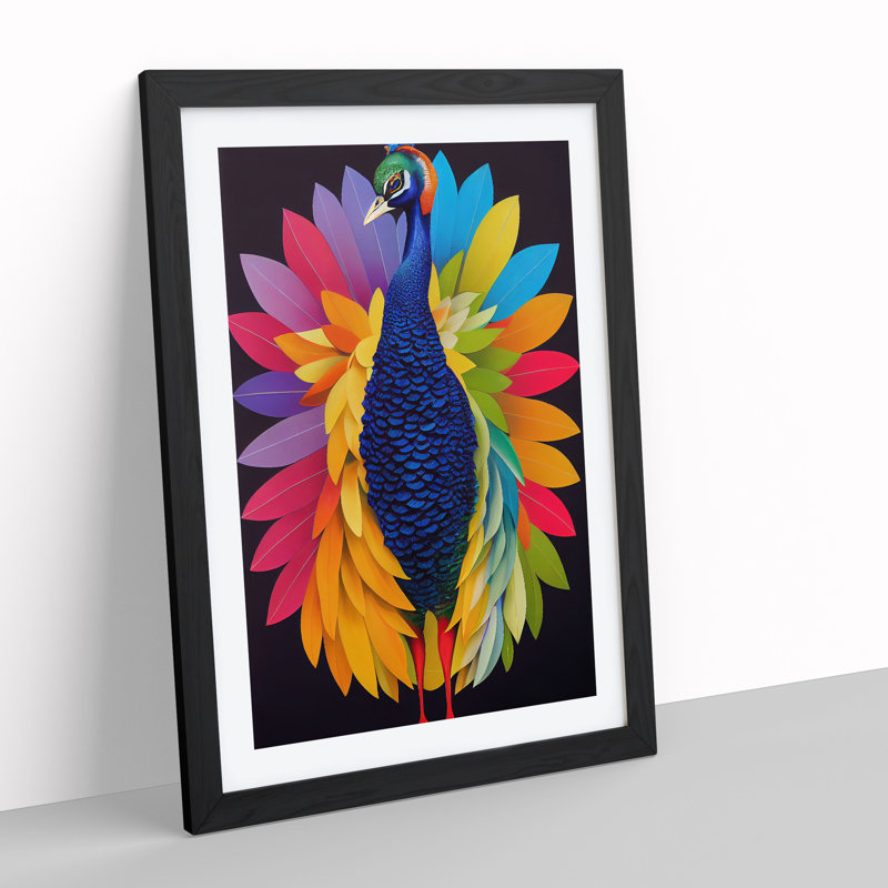 Bold Peacock No.4 - Single Picture Frame Painting, 34cm H x 25cm W x 2cm D, Black