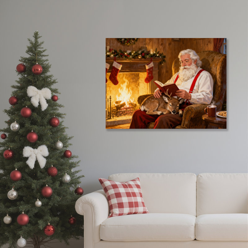 Père Noël lisant sur toile, cerf, H 24 po x l 36 po