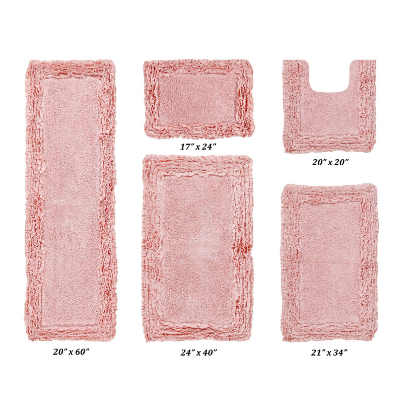 Ensemble de tapis de bain 5 pièces 100% coton 1775 g / m² Courson Premium, certifié OEKO-TEX®, envers en latex antidérapant, motif de volants touffetés moelleux, super absorbant, tapis de salle de bain lavables à la machine, rose