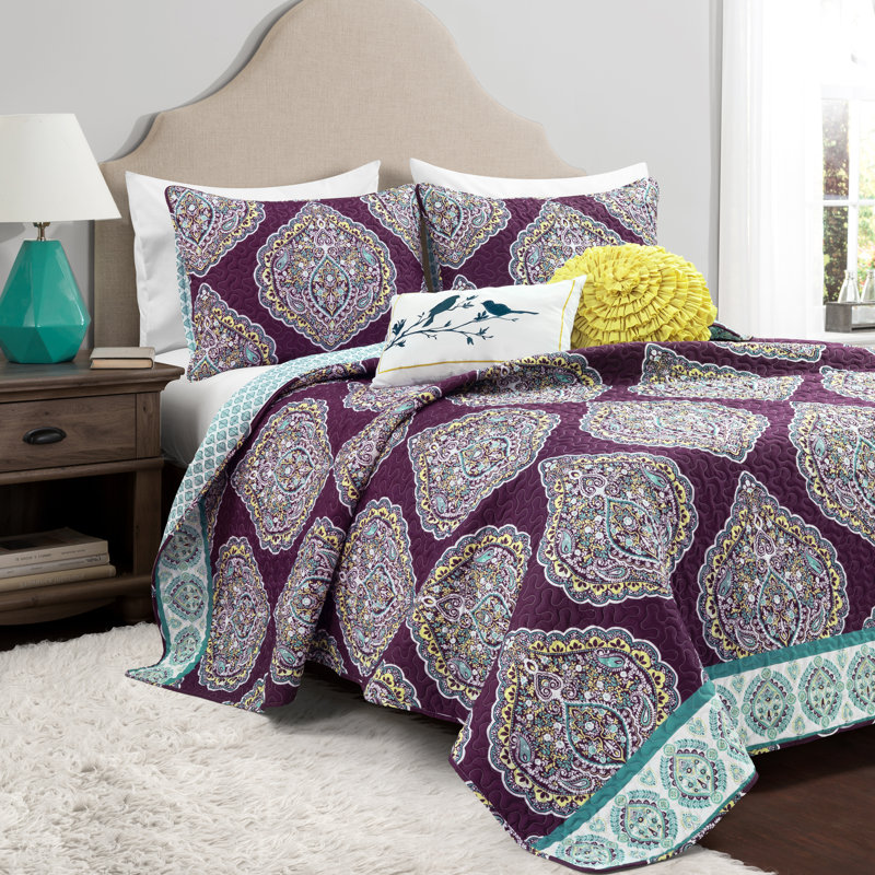 Harley Microfiber Reversible 5 Piece Quilt Set, King Quilt + 2 King Shams + 2 Throw Pillows, Purple/Turquoise
