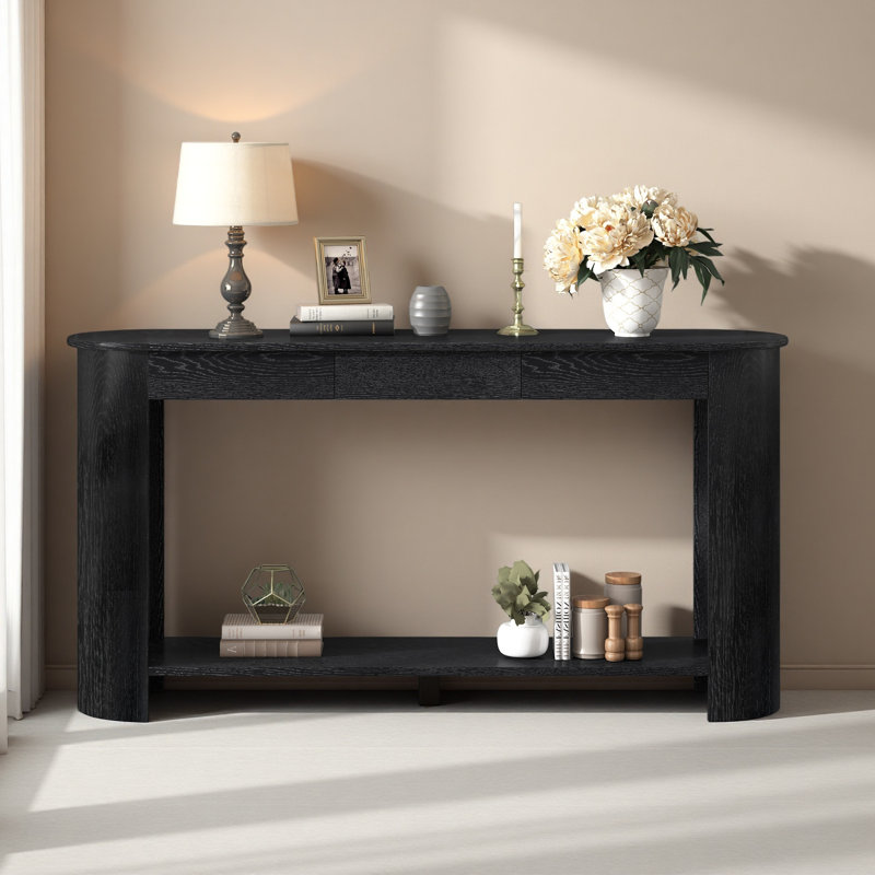Console en placage de chêne moderne 59,8 po avec 3 tiroirs, table d'entrée de style campagnard avec tablette, table de canapé en bois de conception semi-circulaire