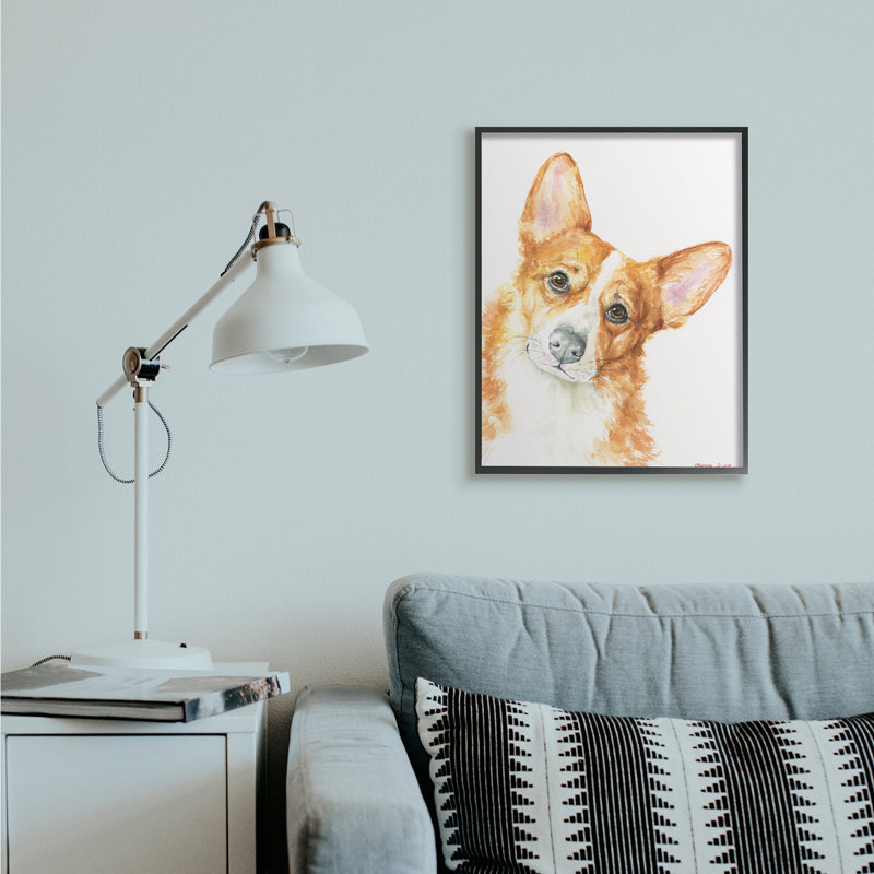 «Curious Corgi Dog Portrait» par George Dyachenko - peinture sur toile, Giclée encadrée noir minuit, H 30 po x l 24 po