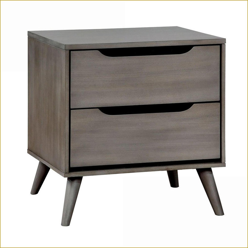 Table de chevet 2 tiroirs Mid-Century moderne grise avec pieds en bois massif, Gris