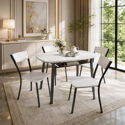 Ensemble de table de salle à manger 5 pièces peu encombrante pour 4 - table en MDF de 43,3 po et chaises avec support de rangement intégré - Conception carrée - Dossier trapézoïdal - Coins arrondis - Parfait pour les appartements ou les salles à manger