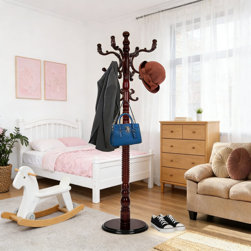 Freestanding Wooden Coat Rack With 14 Hooks, Adjustable Height And Solid Round Base, Heavy-Duty Hall Tree For Entryway, Hallway, Office Or Bedroom