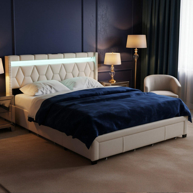 Upholstered Storage Bed, Beige, European Kingsize (160 x 200 cm)