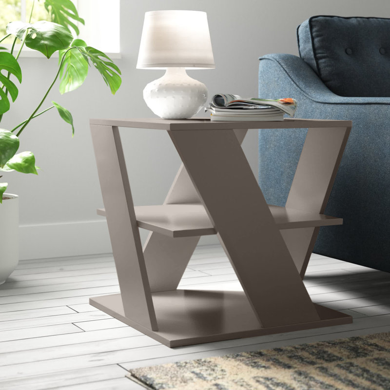 Cateline Geometric Floor Shelf End Table with Storage, Light Mocha