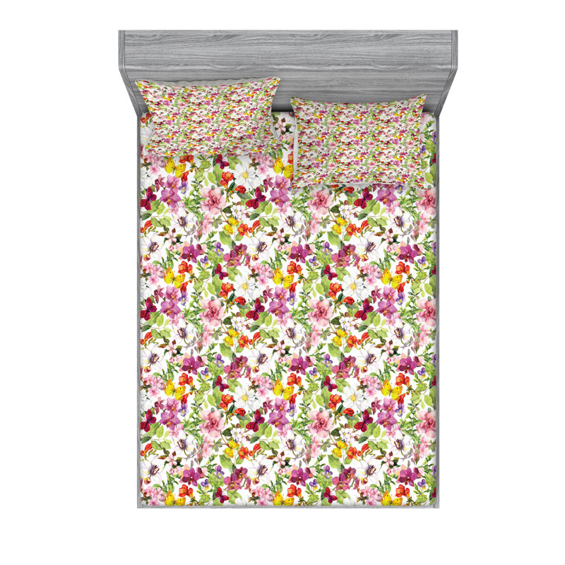 Microfiber Floral Sheet Set, Queen Sheet Set with Fitted Sheet