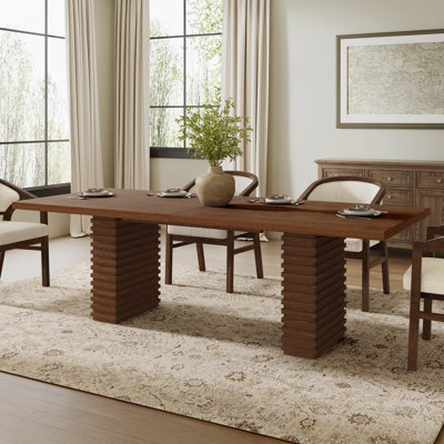 95" Rectangular Dining Table with Solid Wood Top & Sculpted Pedestal Bases, Modern Dining Room Table, Walnut by Latitude Run