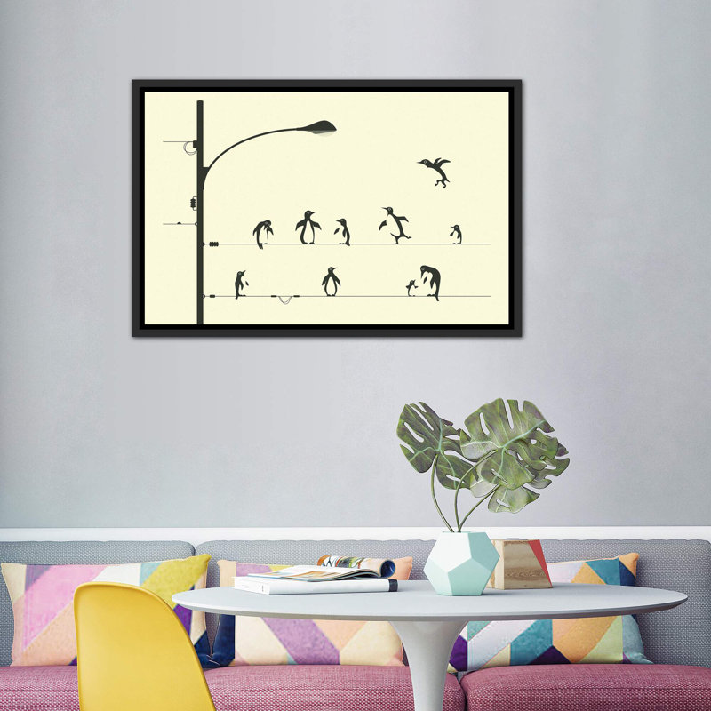 «Penguins on a Wire», art encadré, H 40 po x l 60 po x P 1,5 po, Toile avec cadre noir