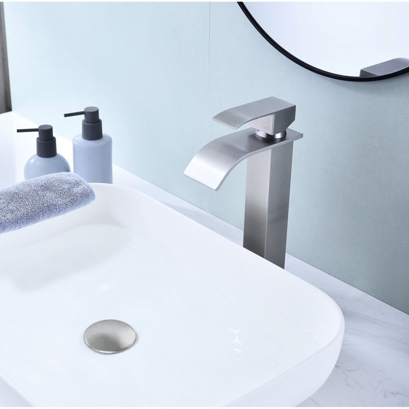 Robinet de salle de bain à poignée simple avec bec cascade et bonde escamotable, sans trop-plein, nickel brossé, acier inoxydable, traitement antirouille, débit d'eau stable, installation simple pour évier sans trop-plein