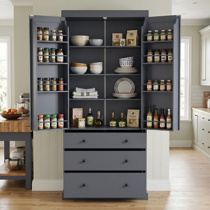 Garde-manger autoportant 77 po avec 3 tiroirs, 3 tablettes réglables et 8 tablettes de porte Farmhouse, Gray