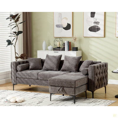L Shaped Sectional Sofa , Convertible Storage Ottoman,Chenille ,Square Arm,  Modern Tufted Couch ,3 Seater,  And Nailhead by Latitude Run