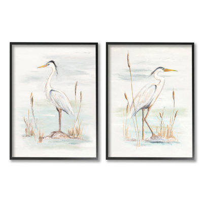 «Elegant Heron Birds Cattails Plants in Water» par Patricia Pinto - ensemble de 2 peintures