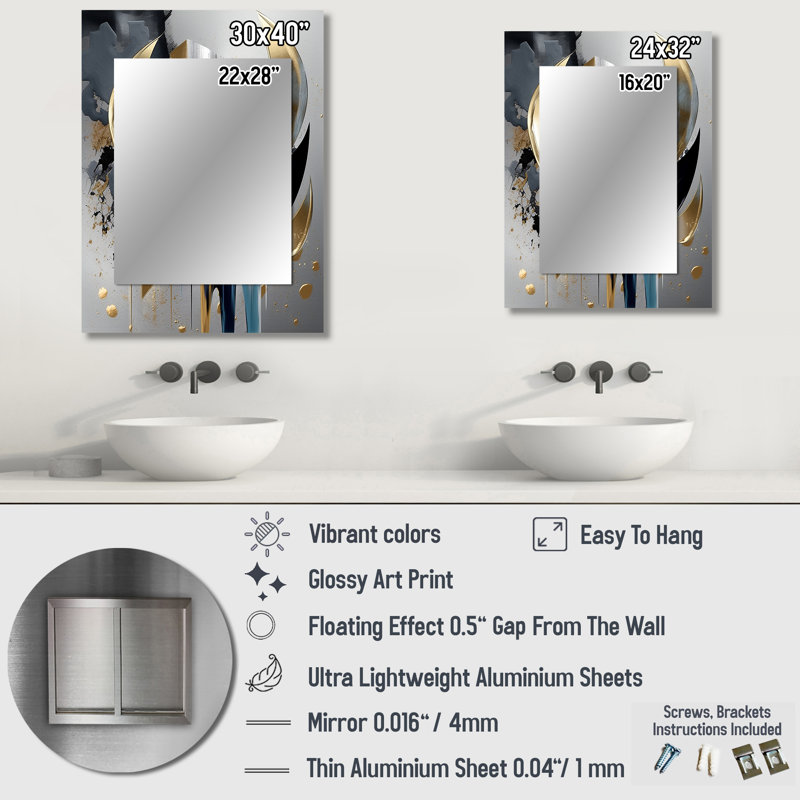 Abstract Shapes And Lines I - Marble Large Mirror, Modern Unique Wall Mirror Decor, Printed Metal Art, 40" x 30"
