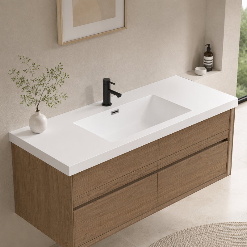 Lavabo de 48 po en résine pour meuble-lavabo, avec lavabo simple encastré rectangulaire, trou de robinet simple, comptoir de meuble-lavabo seulement