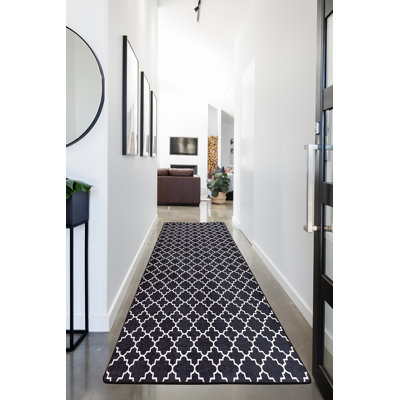 Durable Hall Carpet, 2.6 x 6.6 Feet | 100% Polyester, Total Thickness: 0.4 Inches | Antibacterial, Non-Slip Underside, Machine Washable | Stylish Black and White Design Perfect for Home Entryways & Living Areas