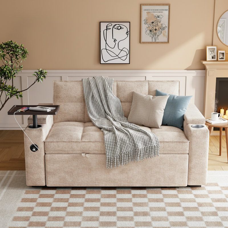 65" Convertible Sleeper Sofa With Pull-Out Bed, Loveseat Sofa Bed with Adjustable Backrest & 360° Swivel Side Table, Khaki