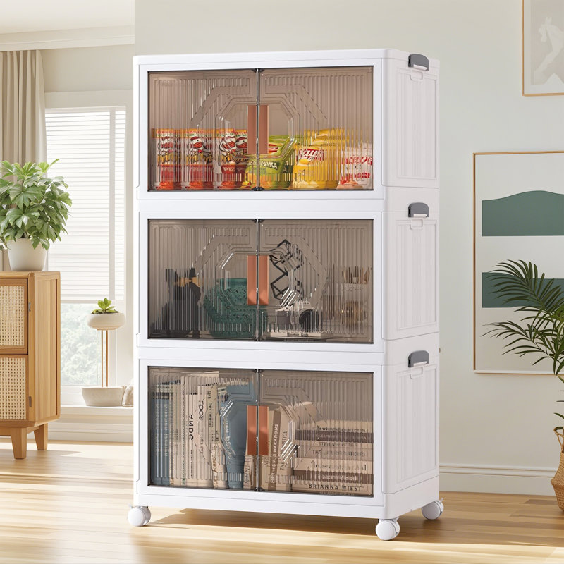 White Collapsible 3-Tier Plastic Storage Bins with Wheels