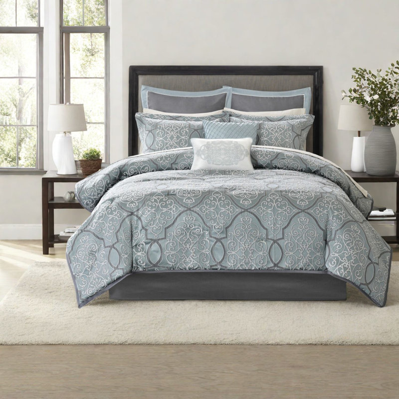 Luxury Blue Cotton Bedding Sets, Modern Jacquard Queen Comfort For Home
