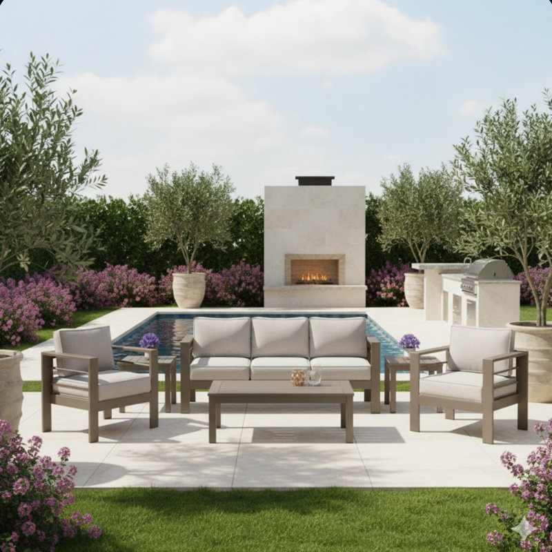 All-Weather 4-Piece Modern Metal Patio Furniture Set, Beige, Light Khaki