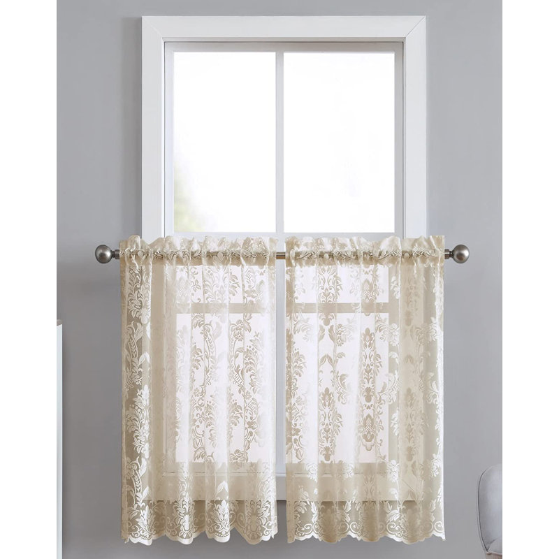 Tario Pair of 2 Floral Scalloped 30" Kitchen Curtain Tiers, 30" W x 36" L, Golden Linen