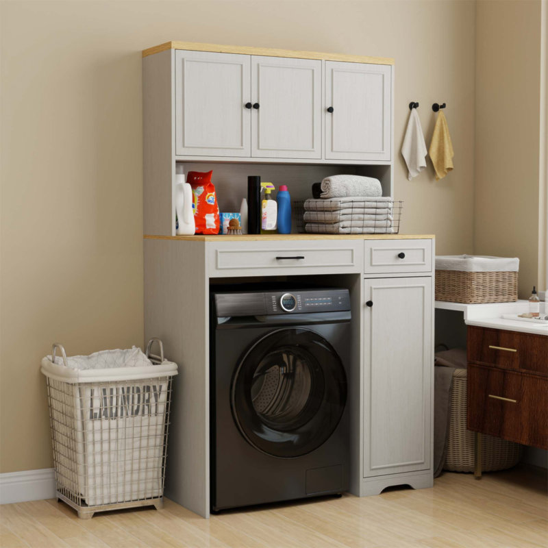 Armoire de rangement sous vide laveuse, sécheuse et robot avec 1 panier à linge, 1 tiroir et 2 tablettes réglables - Blanc antique
