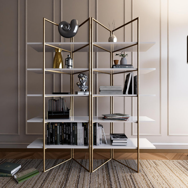 Golden Metal Frame Folding White Bookcase, Wide Panel, Large 71 Inch Etagere Display Shelf, Gold/White