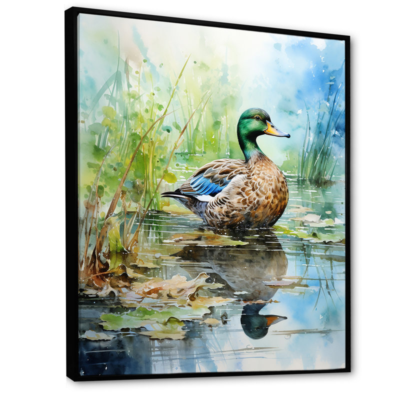 Duck Pond Reflections I - Duck Animal, art mural, Cadre flottant noir, H 40 po x l 30 po x P 1,5 po