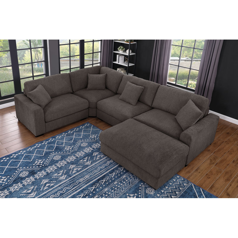 Angellee Modern Upholstered Sectional Sofa 5-seat Modular Wedge Couch w/ Ottoman & 4 Pillows, Dark Gray Polyester Blend