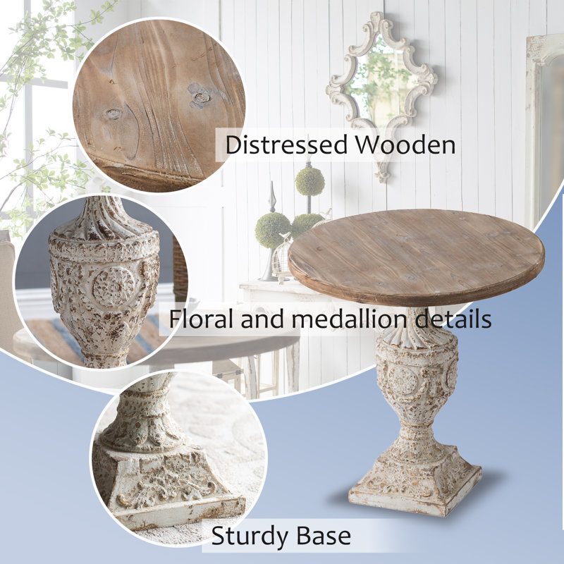 30" Ramani Antique Round Wood Table, Distressed Design, Rustic Style