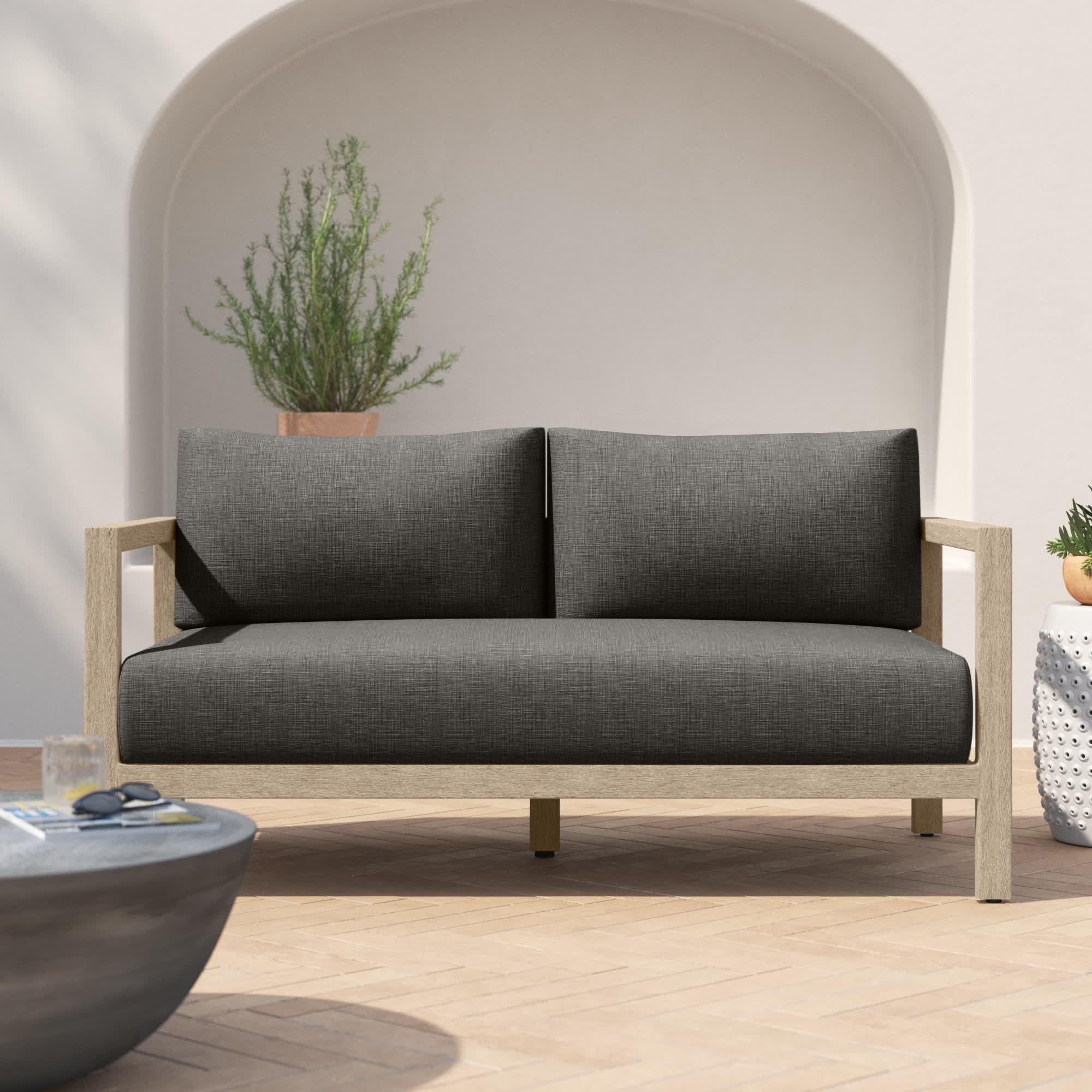 Cavani 59.75'' Wide Teak Loveseat with Cushions, Washed Brown, Charcoal
