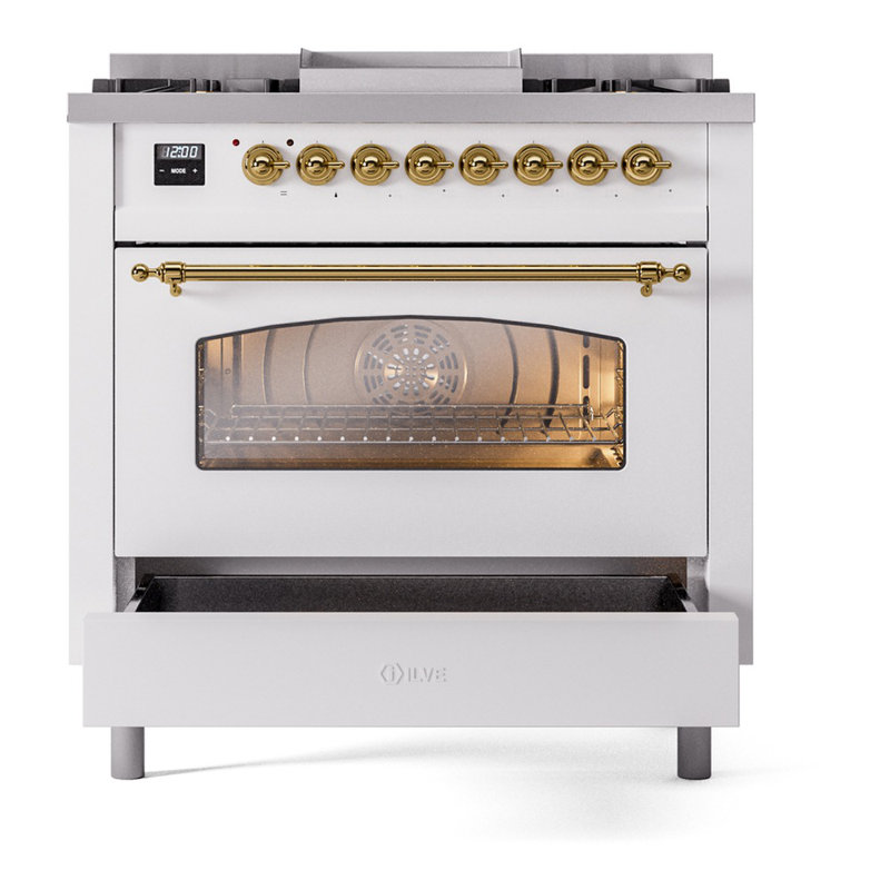 ILVE Nostalgie II 36 Dual Fuel Range, knobs, White/Brass, Natural Gas