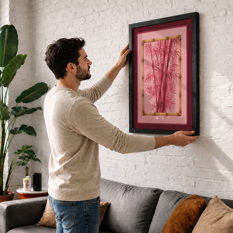 Bamboo Study in Red Botanical - Framed Print, A4 - 29.7 x 21.0 cm, Unframed