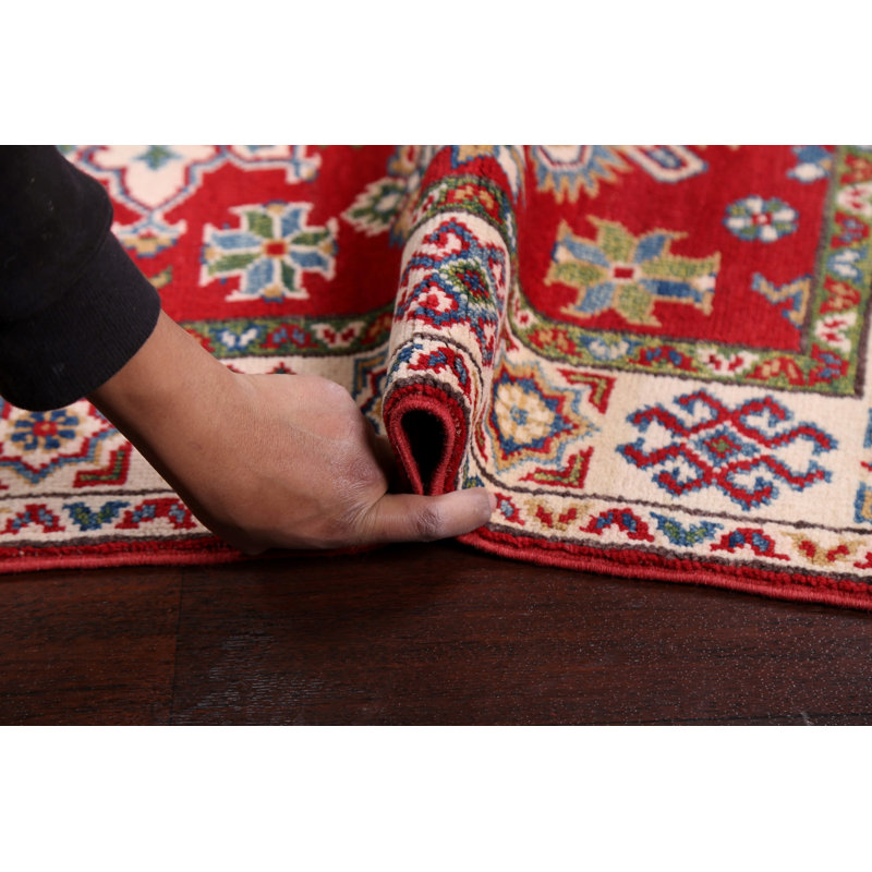 Tapis oriental géométrique rouge Kazak noué à la main 3 x 6