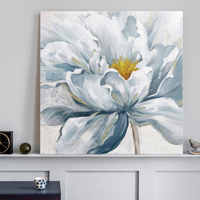 Hand Painted Modern Blue And White Floral Graphic Art, 34" H x 34" W x 1.7" D