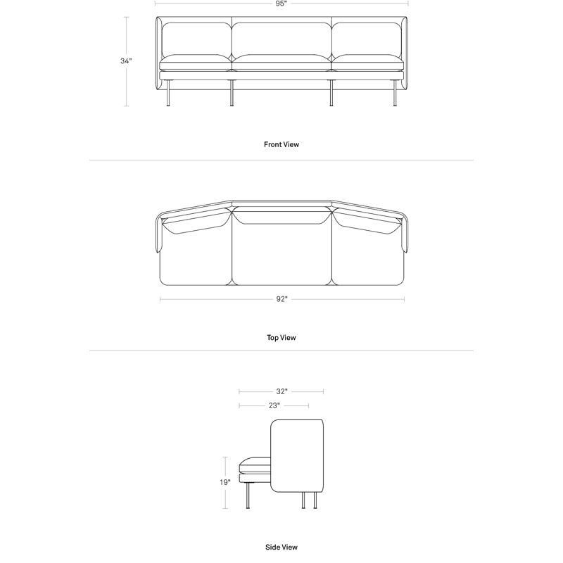 Bloke Sofa, Gabro Gray Wool Blend, 34" H x 95" W x 32" D, Oblivion