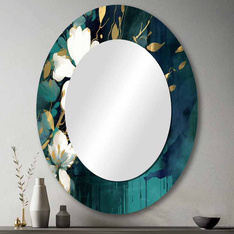 Plantes blanches sarcelle blanches dans le chaos III - miroir mural décoratif floral, miroir traditionnel, impression d'art en métal